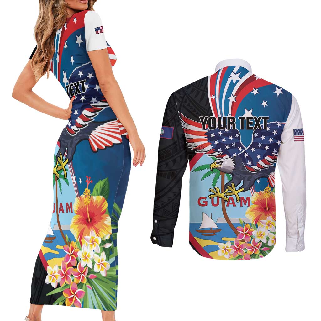 Personalized Guam Fourth of July Couples Matching Short Sleeve Bodycon Dress and Long Sleeve Button Shirt Tropical Flowers
