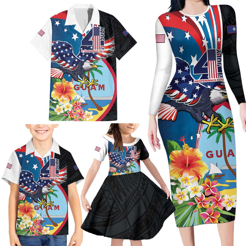 Personalized Guam Fourth of July Family Matching Long Sleeve Bodycon Dress and Hawaiian Shirt Tropical Flowers