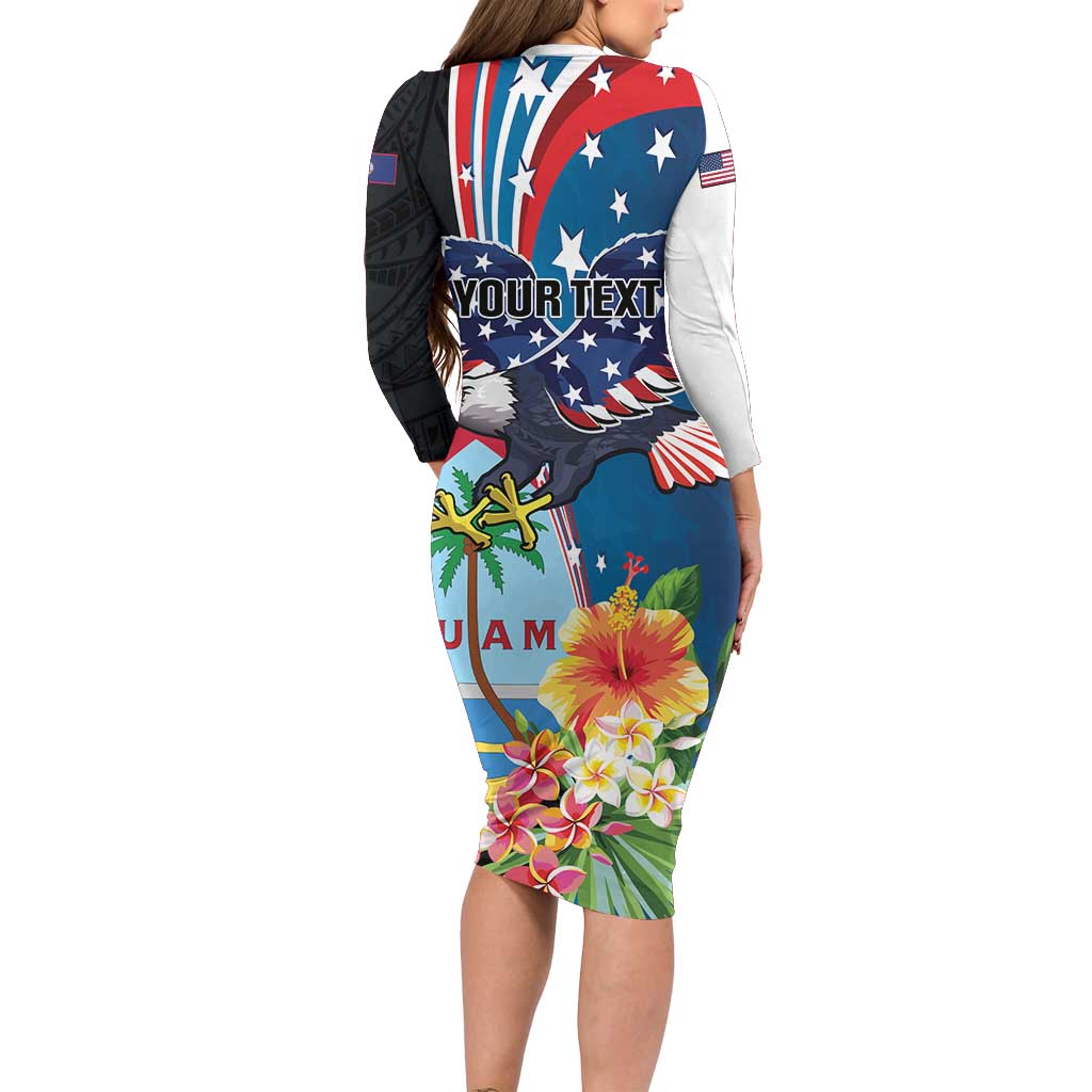 Personalized Guam Fourth of July Family Matching Long Sleeve Bodycon Dress and Hawaiian Shirt Tropical Flowers