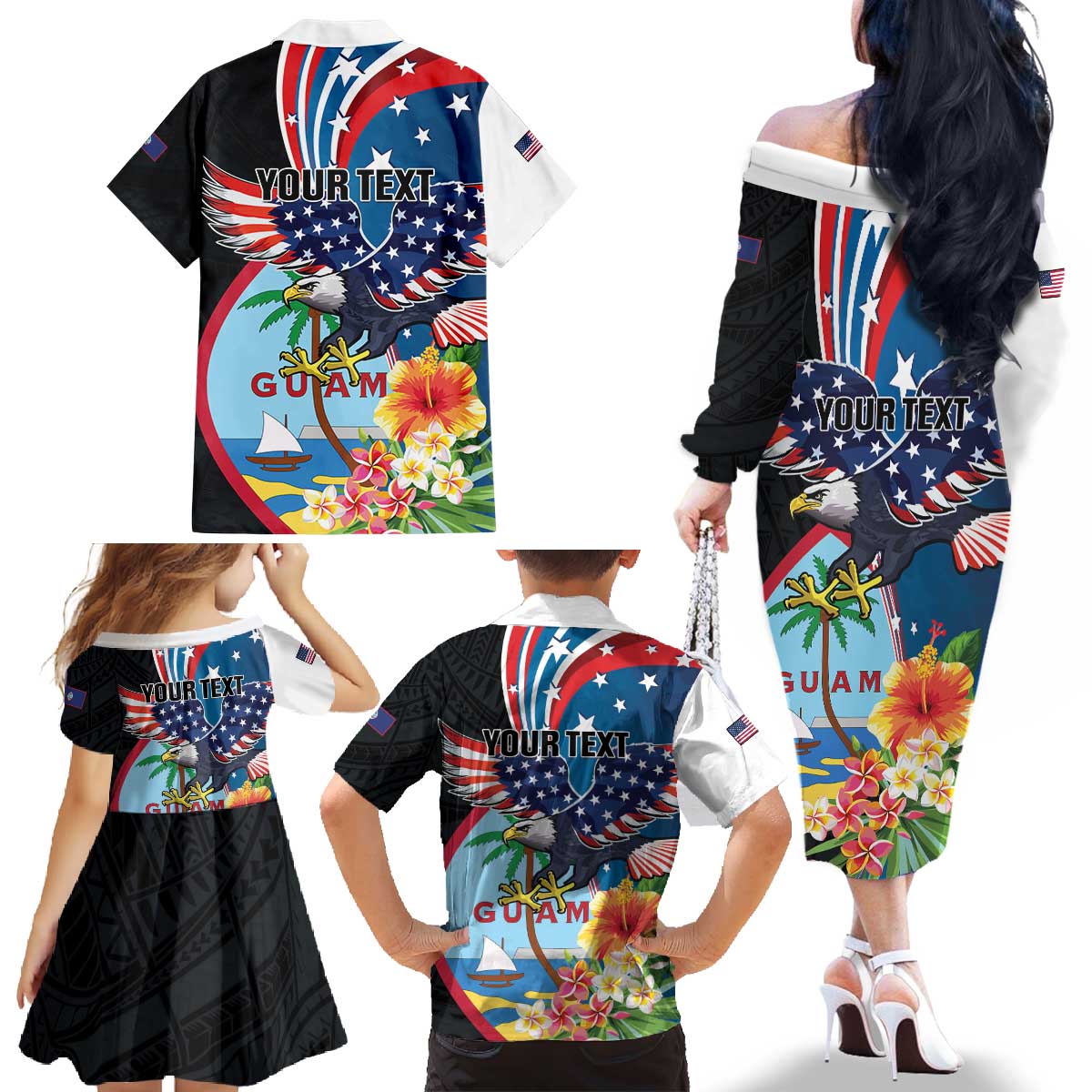 Personalized Guam Fourth of July Family Matching Off The Shoulder Long Sleeve Dress and Hawaiian Shirt Tropical Flowers