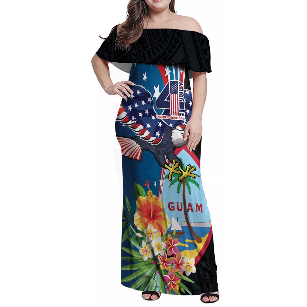 Personalized Guam Fourth of July Family Matching Off Shoulder Maxi Dress and Hawaiian Shirt Tropical Flowers