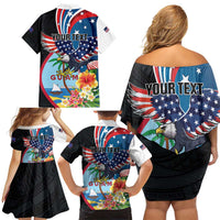 Personalized Guam Fourth of July Family Matching Off Shoulder Short Dress and Hawaiian Shirt Tropical Flowers