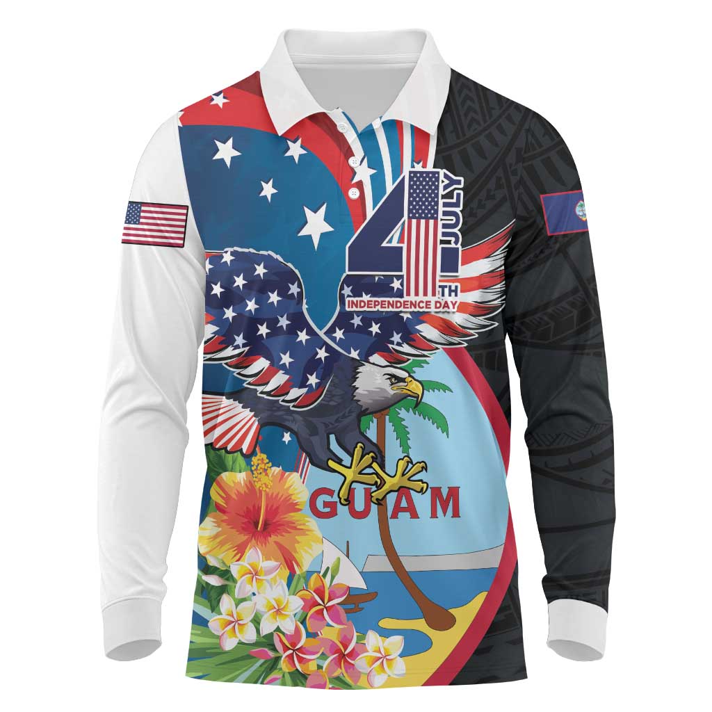 Personalized Guam Fourth of July Long Sleeve Polo Shirt Tropical Flowers