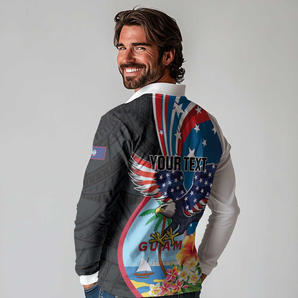 Personalized Guam Fourth of July Long Sleeve Polo Shirt Tropical Flowers