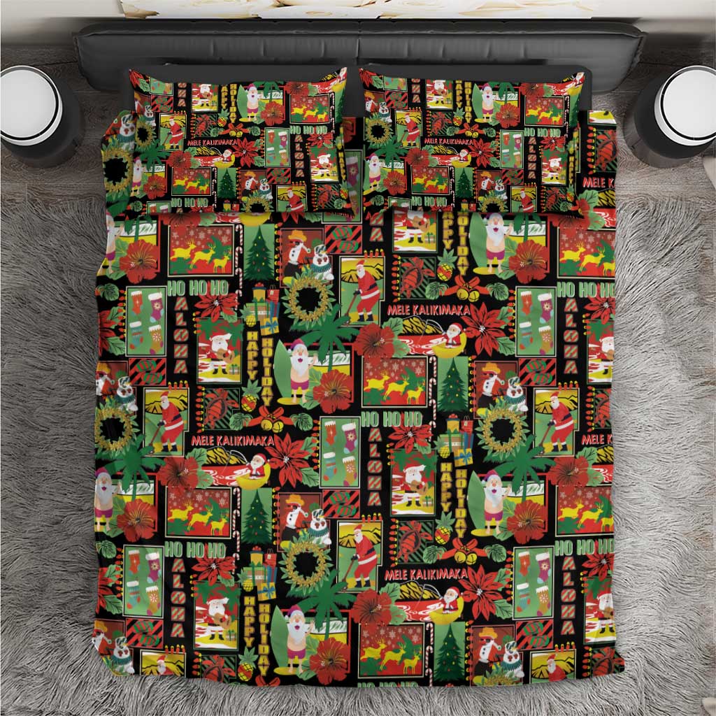 Hawaiian Santa Christmas Pattern Bedding Set Black Version - Polynesian Pride