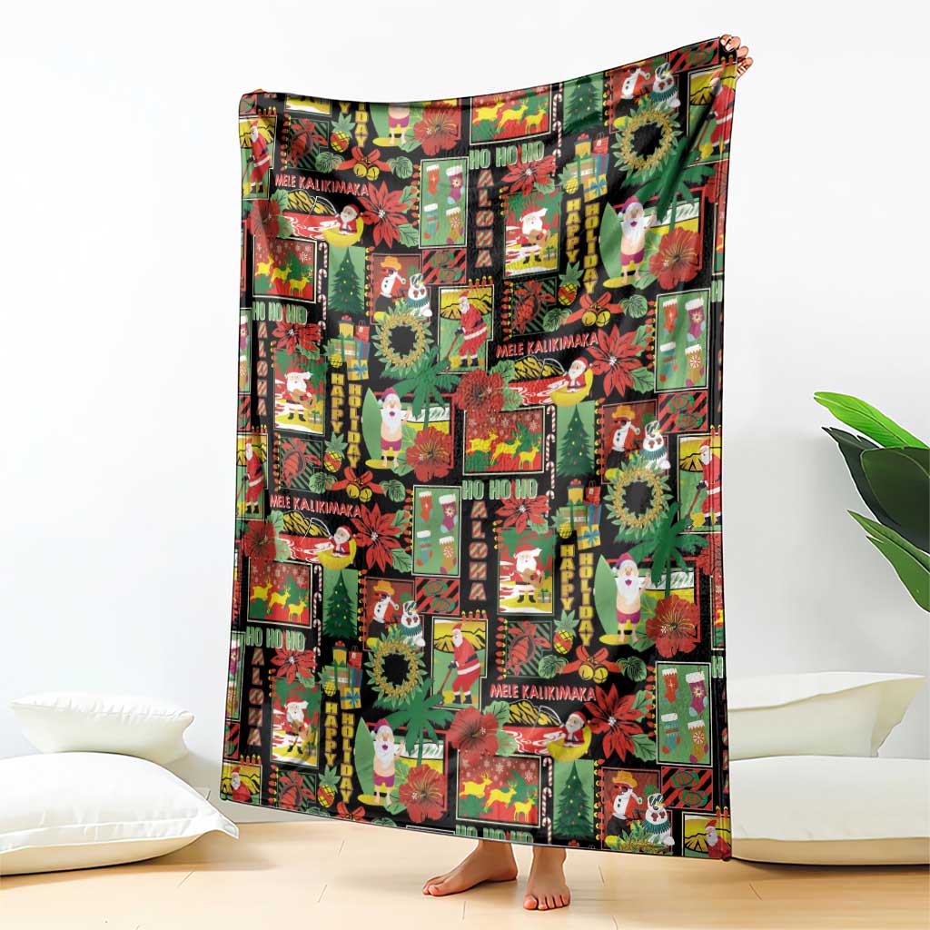 Hawaiian Santa Christmas Pattern Blanket Black Version - Polynesian Pride