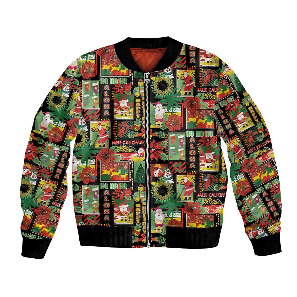 Hawaiian Santa Christmas Pattern Bomber Jacket Black Version - Polynesian Pride