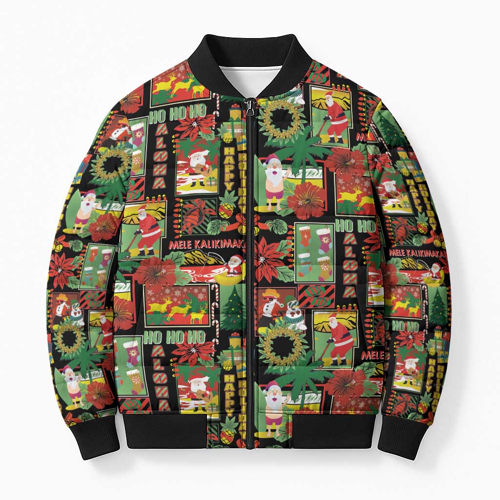 Hawaiian Santa Christmas Pattern Bomber Puffer Jacket Black Version - Polynesian Pride