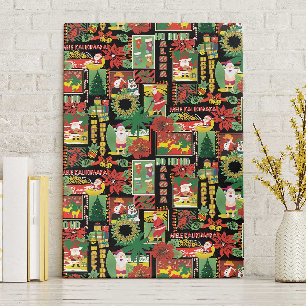 Hawaiian Santa Christmas Pattern Canvas Wall Art Black Version - Polynesian Pride