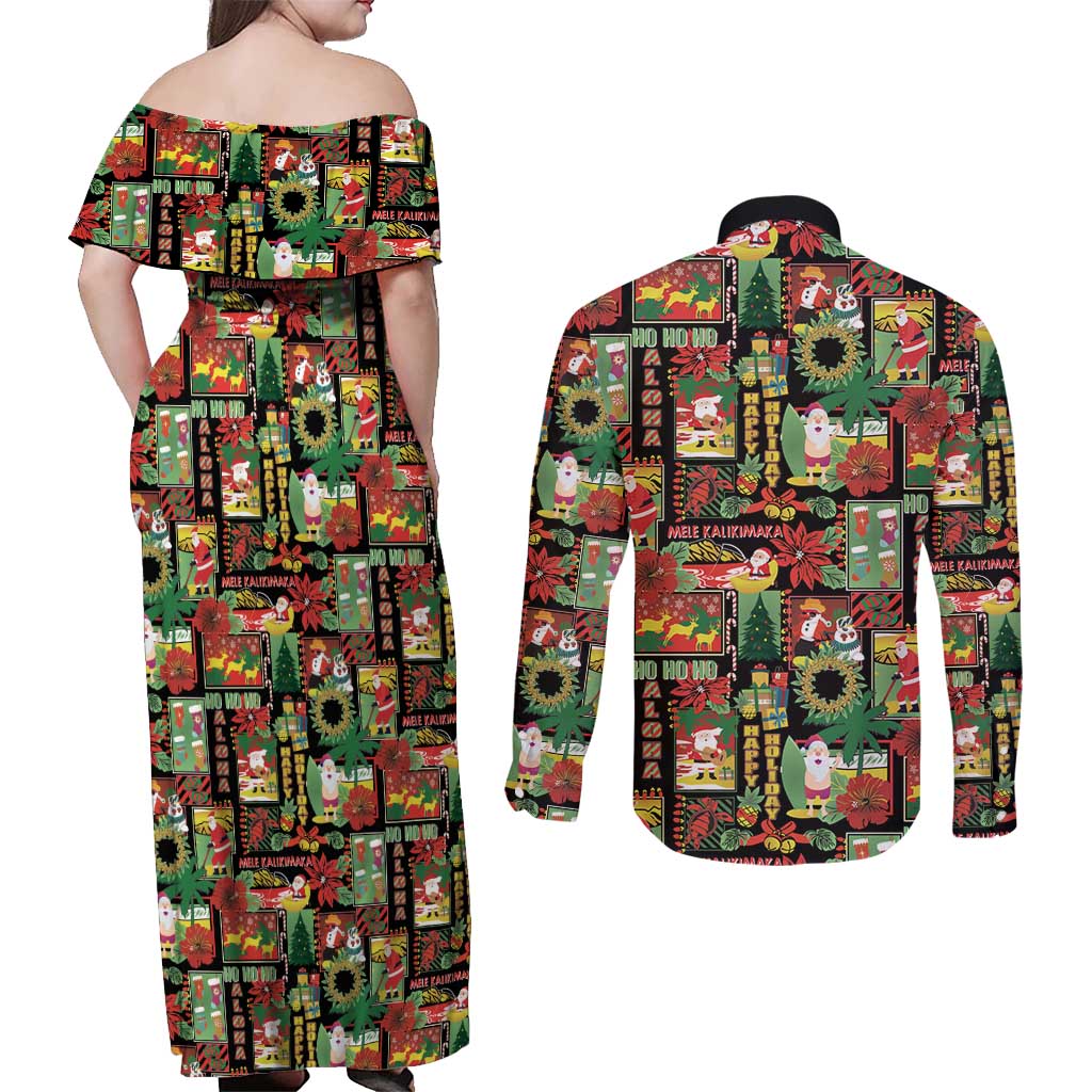 Hawaiian Santa Christmas Pattern Couples Matching Off Shoulder Maxi Dress and Long Sleeve Button Shirt Black Version - Polynesian Pride