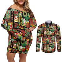 Hawaiian Santa Christmas Pattern Couples Matching Off Shoulder Short Dress and Long Sleeve Button Shirt Black Version - Polynesian Pride