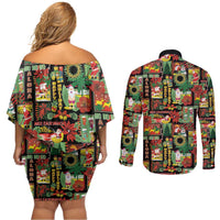 Hawaiian Santa Christmas Pattern Couples Matching Off Shoulder Short Dress and Long Sleeve Button Shirt Black Version - Polynesian Pride
