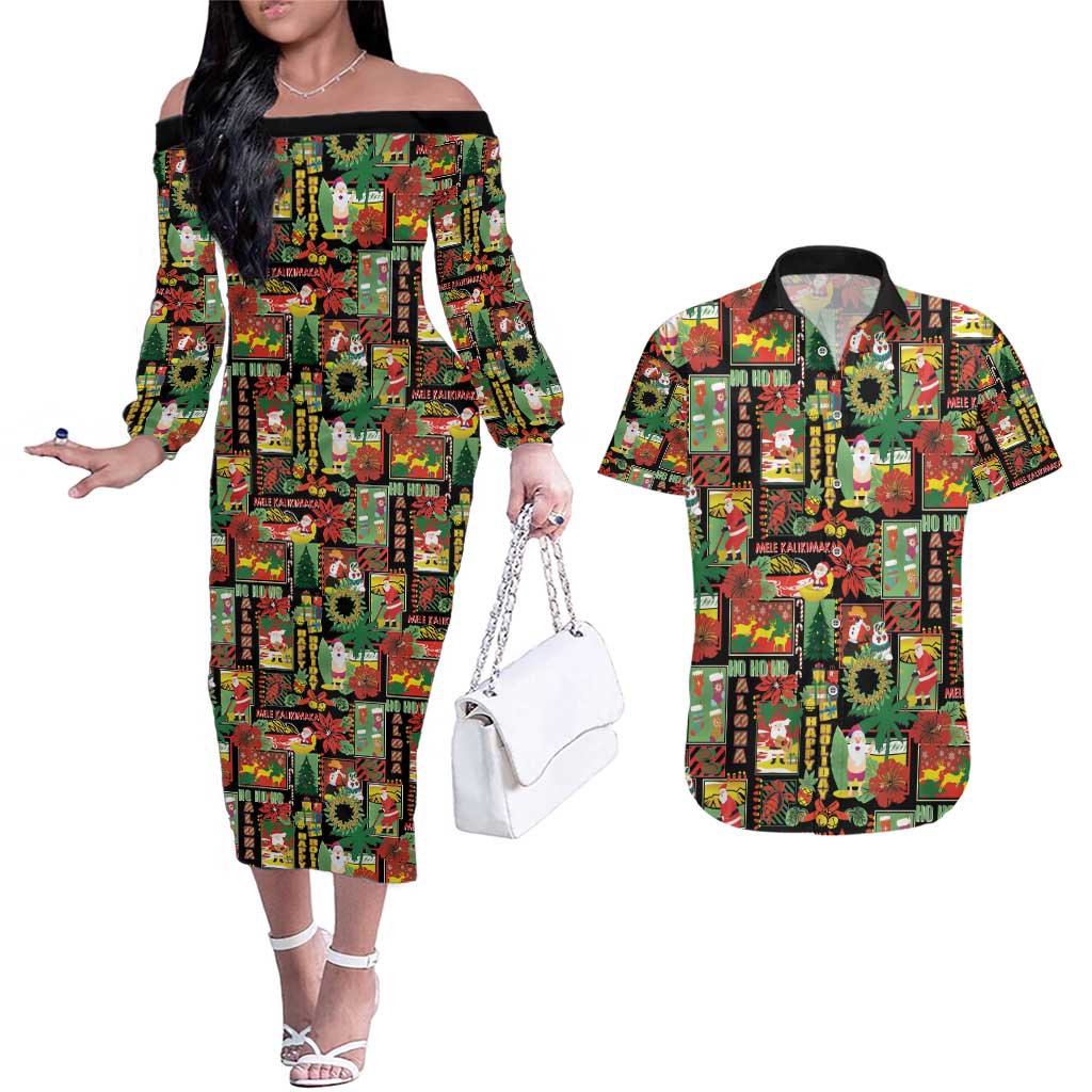 Hawaiian Santa Christmas Pattern Couples Matching Off The Shoulder Long Sleeve Dress and Hawaiian Shirt Black Version - Polynesian Pride
