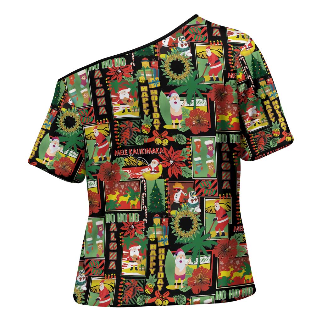 Hawaiian Santa Christmas Pattern Cross Shoulder Shirt Black Version - Polynesian Pride