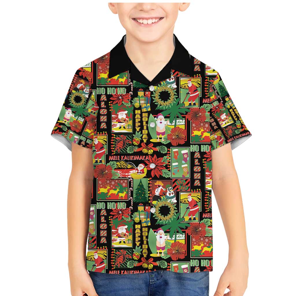 Hawaiian Santa Christmas Pattern Family Matching Mermaid Dress and Hawaiian Shirt Black Version - Polynesian Pride