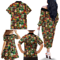 Hawaiian Santa Christmas Pattern Family Matching Off The Shoulder Long Sleeve Dress and Hawaiian Shirt Black Version - Polynesian Pride