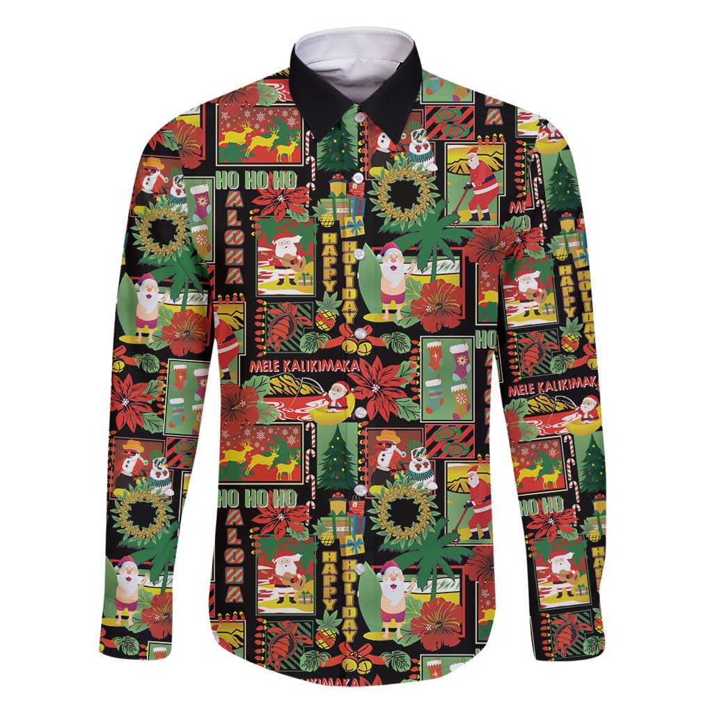 Hawaiian Santa Christmas Pattern Family Matching Off Shoulder Maxi Dress and Hawaiian Shirt Black Version - Polynesian Pride