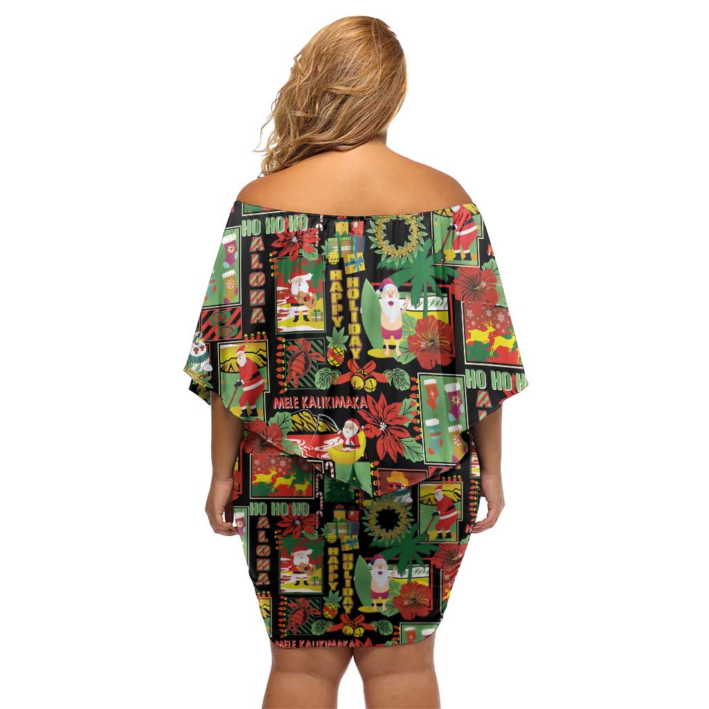 Hawaiian Santa Christmas Pattern Family Matching Off Shoulder Short Dress and Hawaiian Shirt Black Version - Polynesian Pride