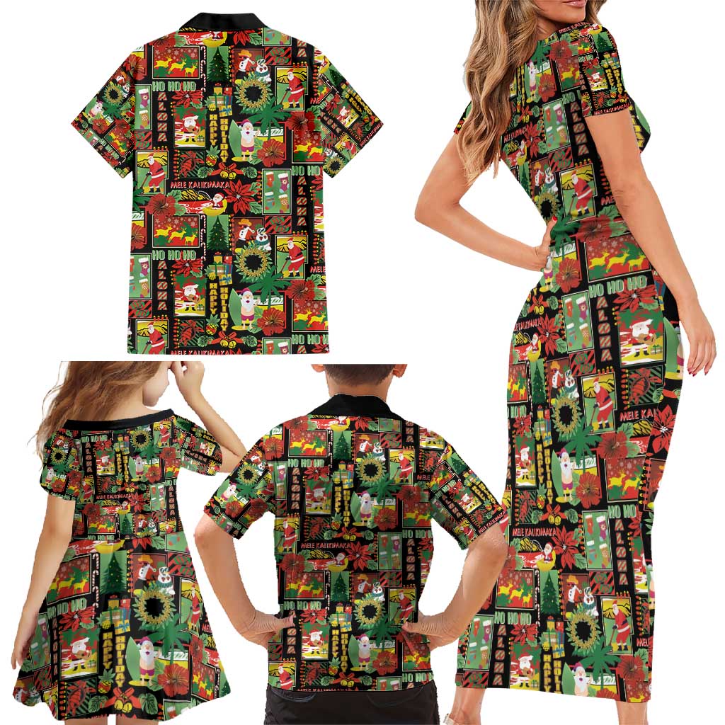 Hawaiian Santa Christmas Pattern Family Matching Short Sleeve Bodycon Dress and Hawaiian Shirt Black Version - Polynesian Pride