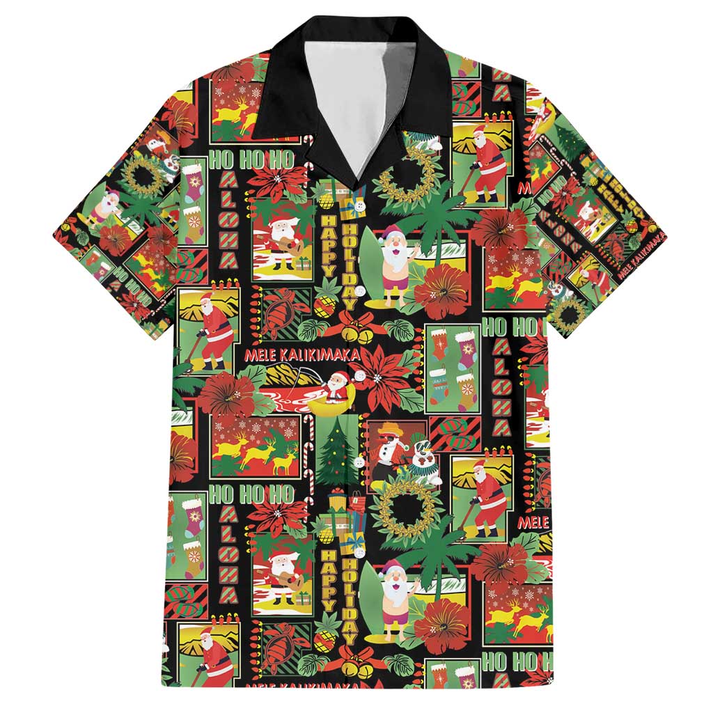 Hawaiian Santa Christmas Pattern Family Matching Short Sleeve Bodycon Dress and Hawaiian Shirt Black Version - Polynesian Pride