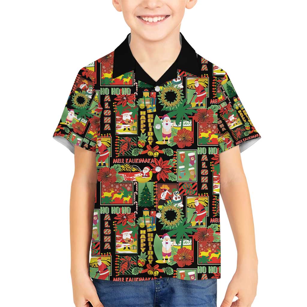 Hawaiian Santa Christmas Pattern Family Matching Summer Maxi Dress and Hawaiian Shirt Black Version - Polynesian Pride