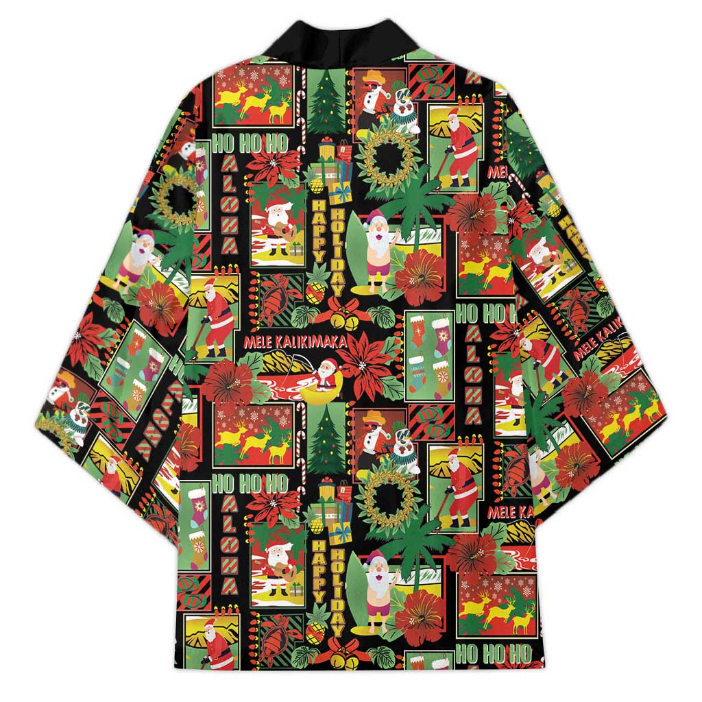 Hawaiian Santa Christmas Pattern Kimono Black Version - Polynesian Pride