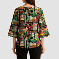 Hawaiian Santa Christmas Pattern Kimono Sleeve Blouse Black Version - Polynesian Pride