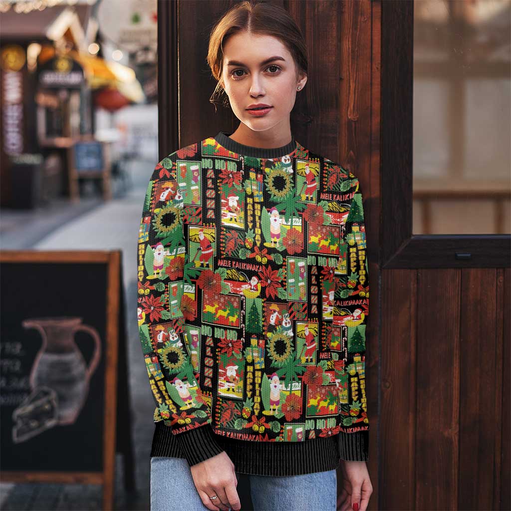 Hawaiian Santa Christmas Pattern Ugly Christmas Sweater Black Version - Polynesian Pride