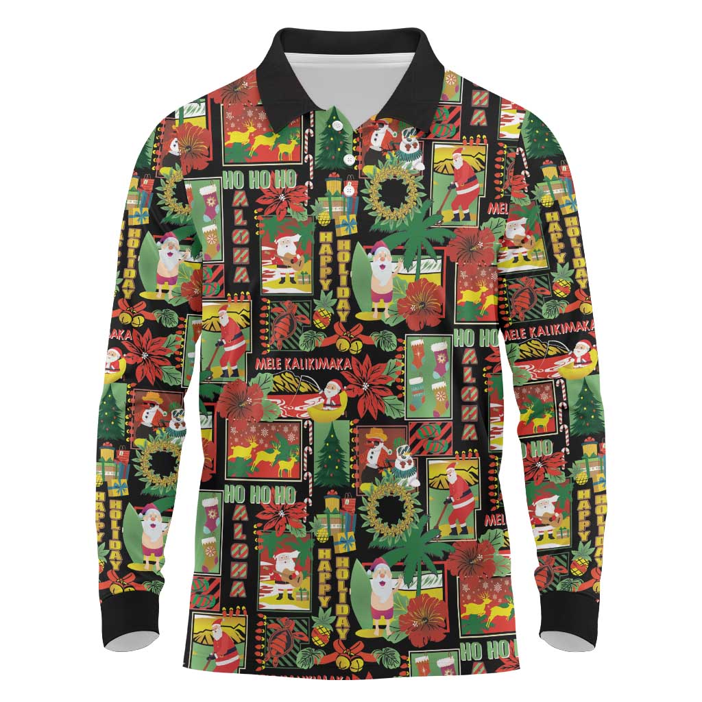 Hawaiian Santa Christmas Pattern Long Sleeve Polo Shirt Black Version - Polynesian Pride