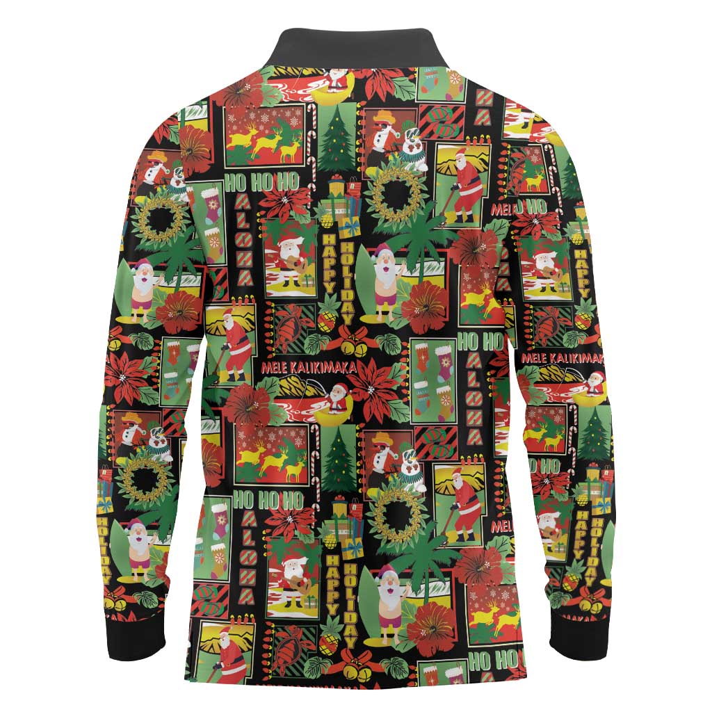 Hawaiian Santa Christmas Pattern Long Sleeve Polo Shirt Black Version - Polynesian Pride
