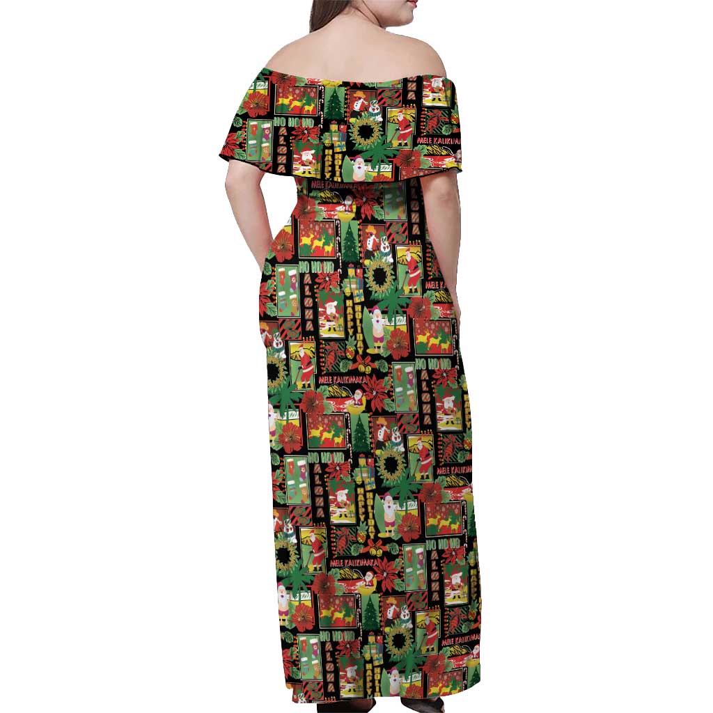 Hawaiian Santa Christmas Pattern Off Shoulder Maxi Dress Black Version - Polynesian Pride