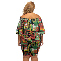 Hawaiian Santa Christmas Pattern Off Shoulder Short Dress Black Version - Polynesian Pride