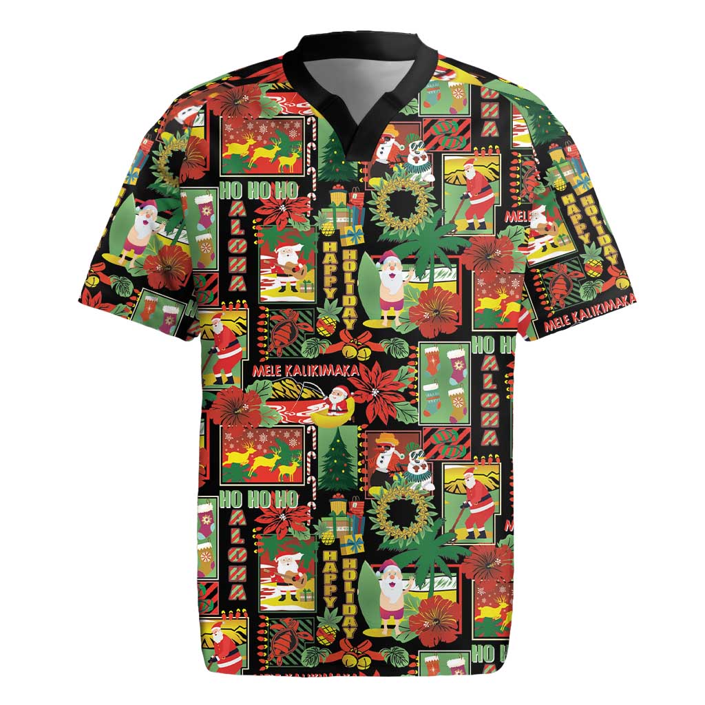Hawaiian Santa Christmas Pattern Rugby Jersey Black Version - Polynesian Pride