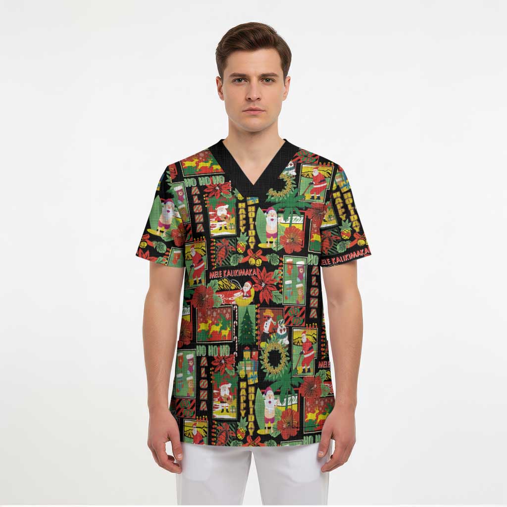 Hawaiian Santa Christmas Pattern Scrub Top Black Version - Polynesian Pride