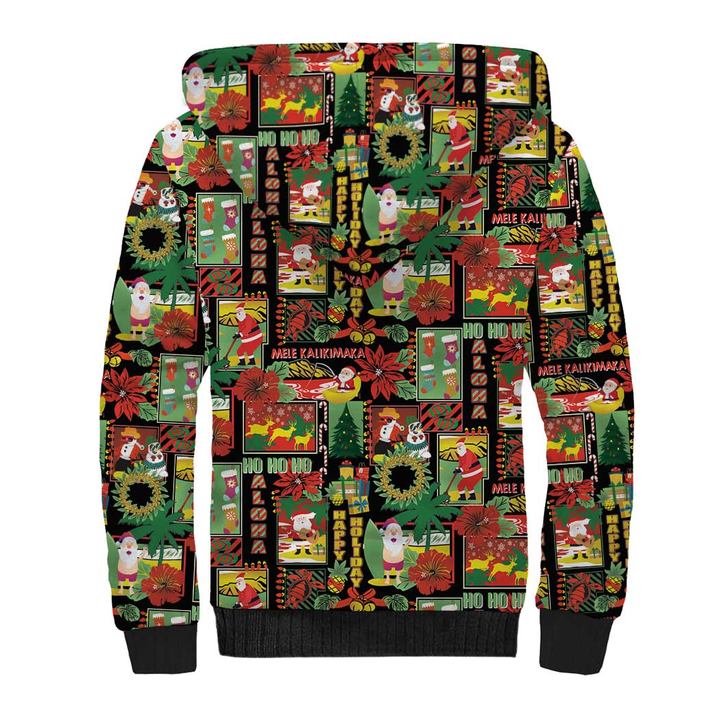 Hawaiian Santa Christmas Pattern Sherpa Hoodie Black Version LT01 - Polynesian Pride