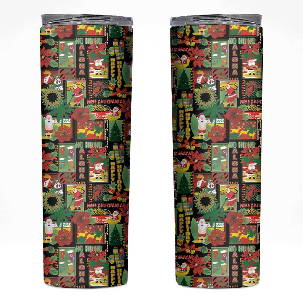 Hawaiian Santa Christmas Pattern Skinny Tumbler Black Version - Polynesian Pride