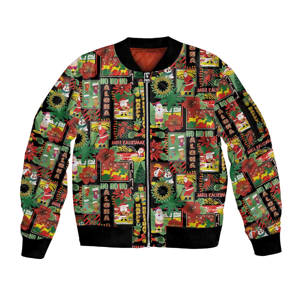Hawaiian Santa Christmas Pattern Sleeve Zip Bomber Jacket Black Version - Polynesian Pride