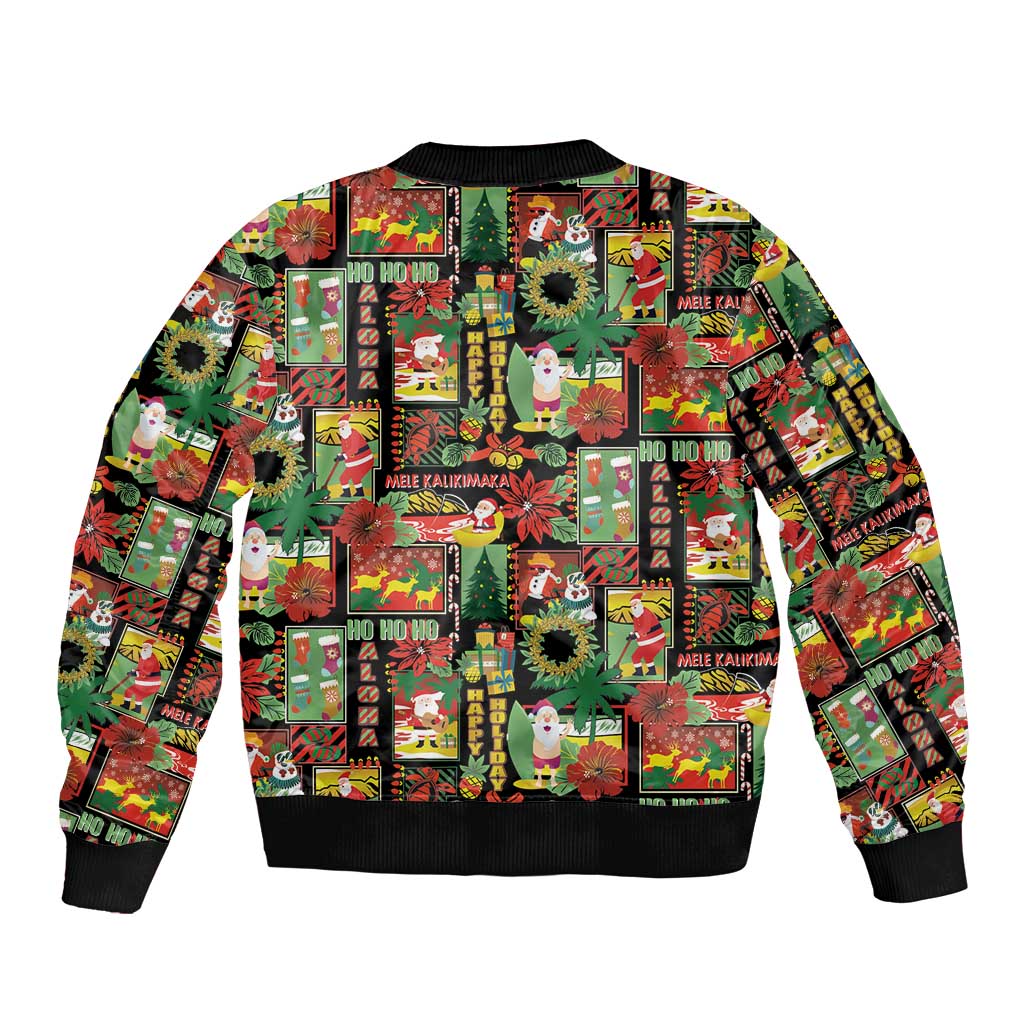 Hawaiian Santa Christmas Pattern Sleeve Zip Bomber Jacket Black Version - Polynesian Pride