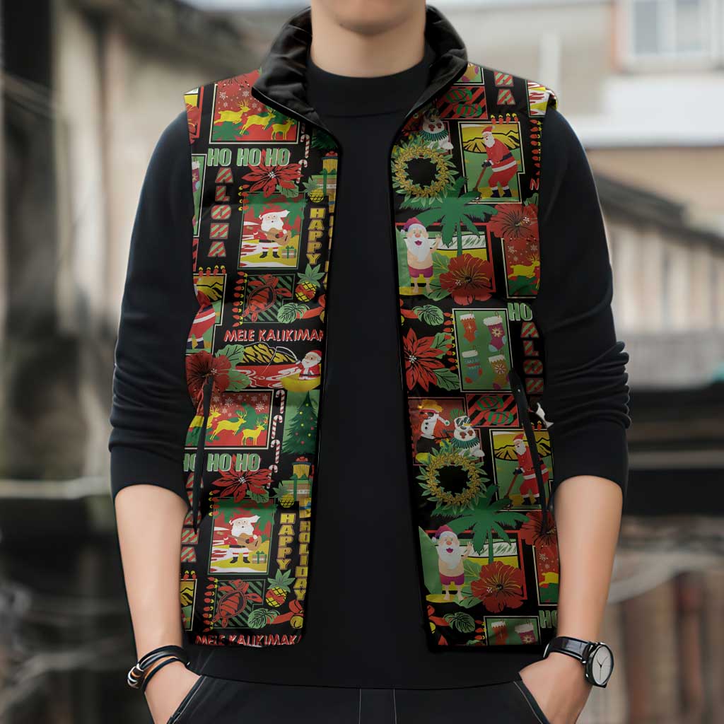 Hawaiian Santa Christmas Pattern Sleeveless Puffer Jacket Black Version - Polynesian Pride