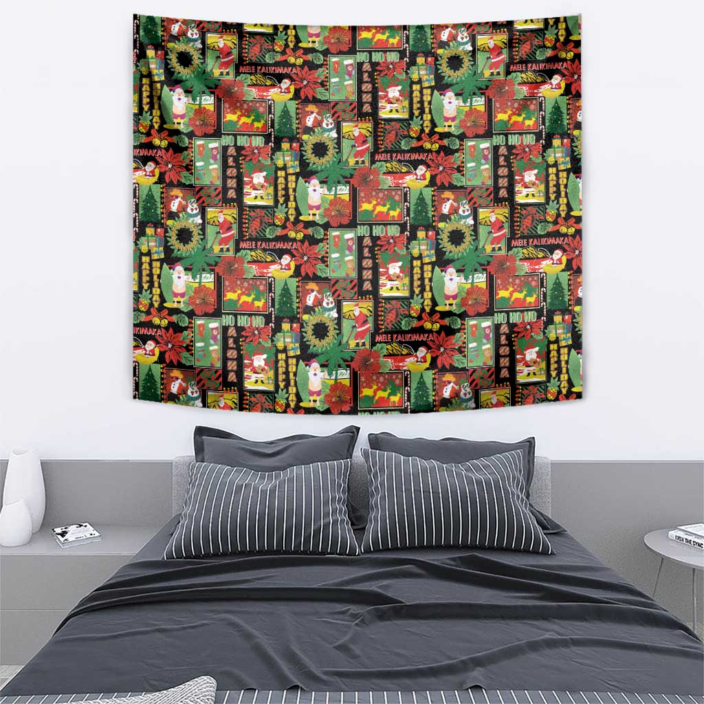 Hawaiian Santa Christmas Pattern Tapestry Black Version - Polynesian Pride