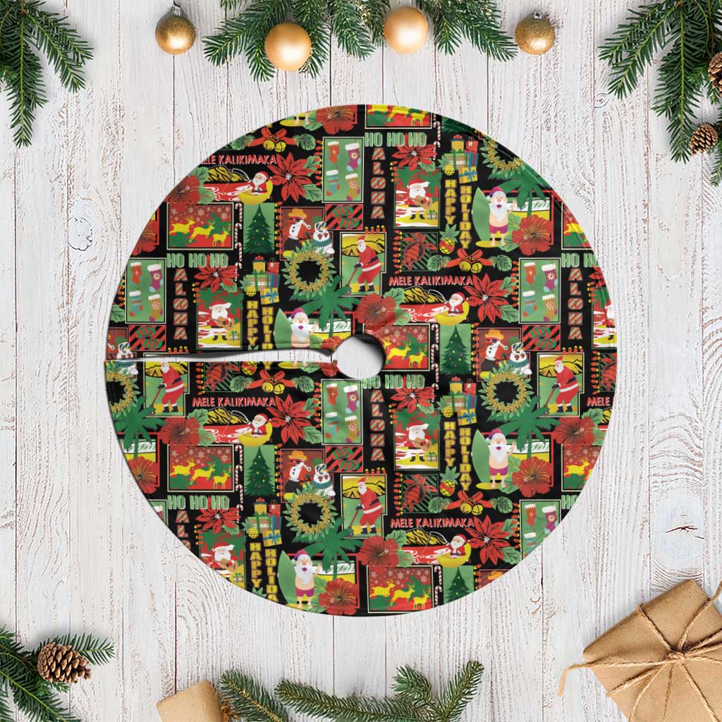 Hawaiian Santa Christmas Pattern Tree Skirt Black Version - Polynesian Pride