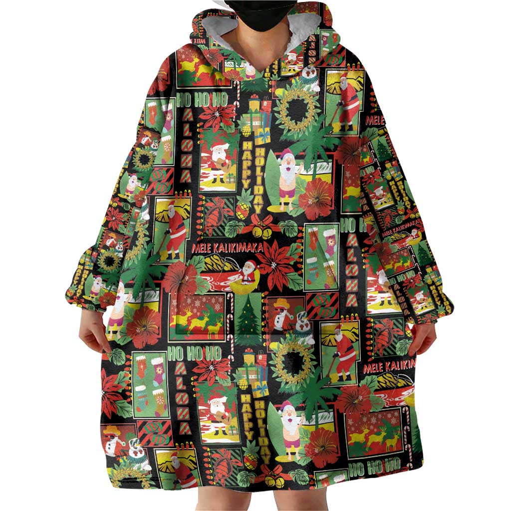 Hawaiian Santa Christmas Pattern Wearable Blanket Hoodie Black Version - Polynesian Pride