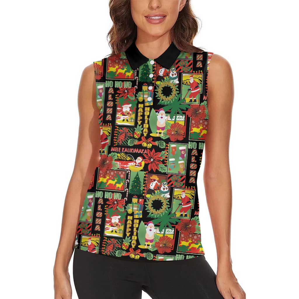 Hawaiian Santa Christmas Pattern Women Sleeveless Polo Shirt Black Version - Polynesian Pride