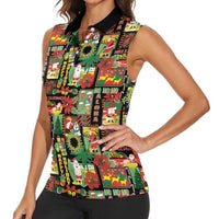 Hawaiian Santa Christmas Pattern Women Sleeveless Polo Shirt Black Version - Polynesian Pride