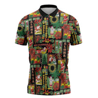 Hawaiian Santa Christmas Pattern Zipper Polo Shirt Black Version - Polynesian Pride