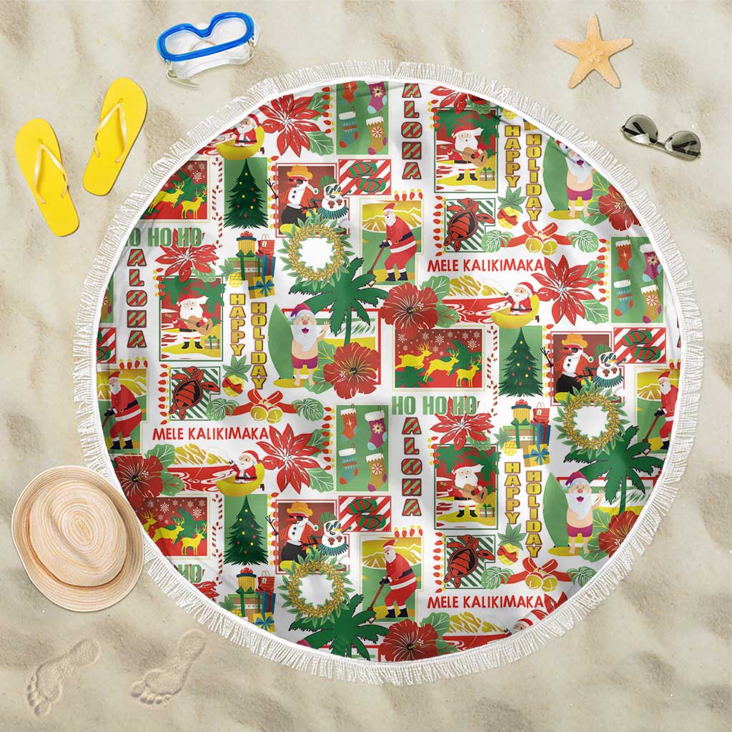 Hawaiian Santa Christmas Pattern Beach Blanket White Version - Polynesian Pride