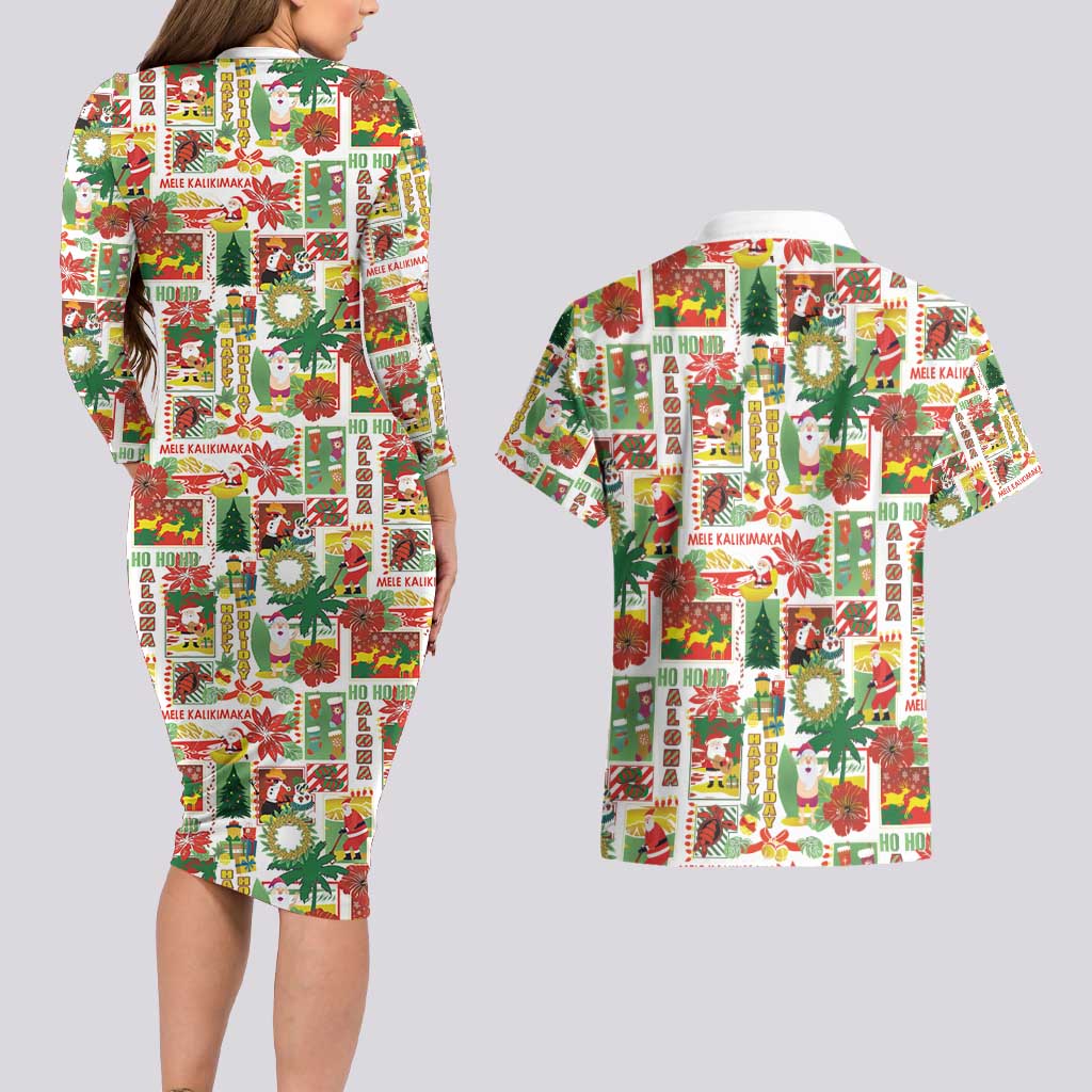 Hawaiian Santa Christmas Pattern Couples Matching Long Sleeve Bodycon Dress and Hawaiian Shirt White Version - Polynesian Pride