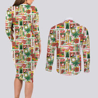 Hawaiian Santa Christmas Pattern Couples Matching Long Sleeve Bodycon Dress and Long Sleeve Button Shirt White Version - Polynesian Pride