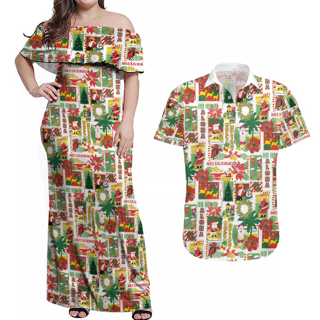 Hawaiian Santa Christmas Pattern Couples Matching Off Shoulder Maxi Dress and Hawaiian Shirt White Version - Polynesian Pride