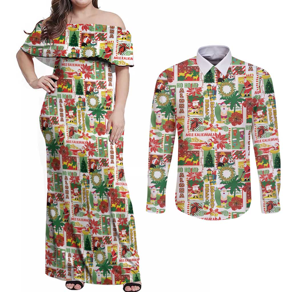 Hawaiian Santa Christmas Pattern Couples Matching Off Shoulder Maxi Dress and Long Sleeve Button Shirt White Version - Polynesian Pride